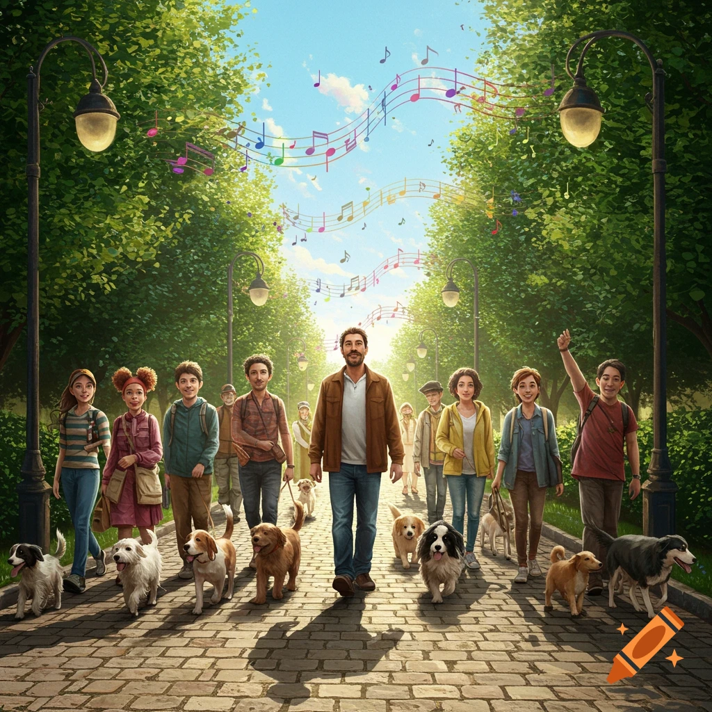 An illustration of a man and diverse group of people walking dogs down a sunny park path with musical notes in the sky.