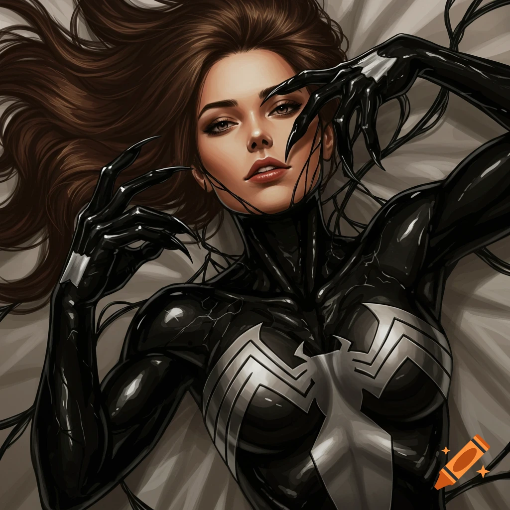 A beautiful woman with long brown hair, wearing a sleek black Venom symbiote costume with a white spider emblem and sharp claws, lying on a white surface.