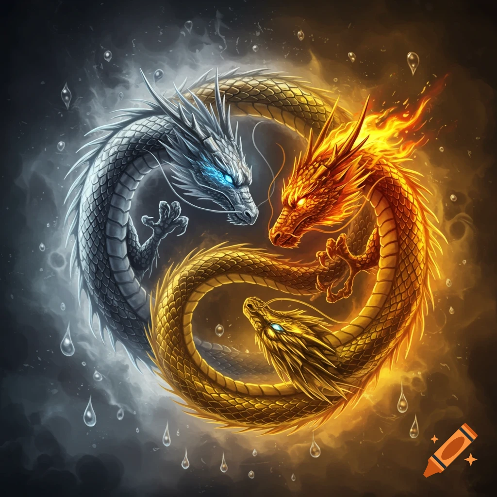 A stylized yin-yang symbol formed by two dragons; one white and blue with ice elements, the other red and gold with fire.