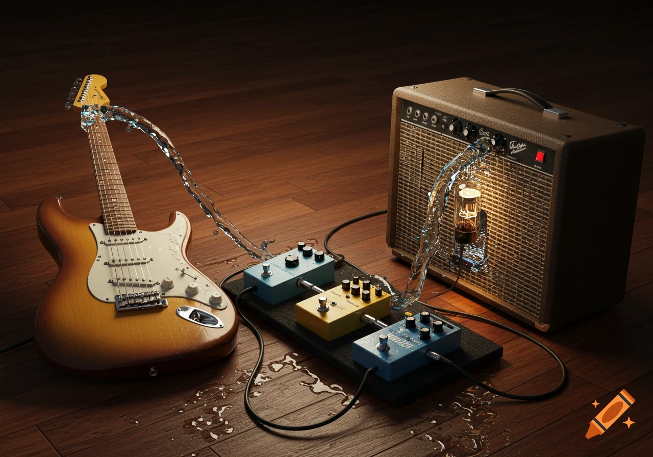 A brown and white electric guitar, three guitar pedals, and a brown amplifier connected by streams of water on a wooden floor, with water splashes.