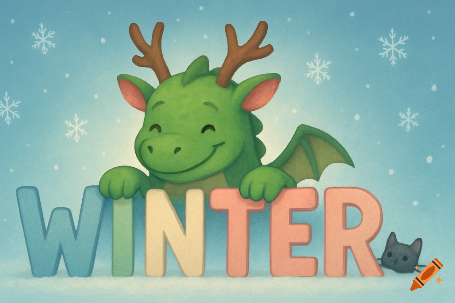 A friendly green dragon with antlers smiles, leaning over colorful 'WINTER' letters in a snowy blue background with a small black cat. Digital art.