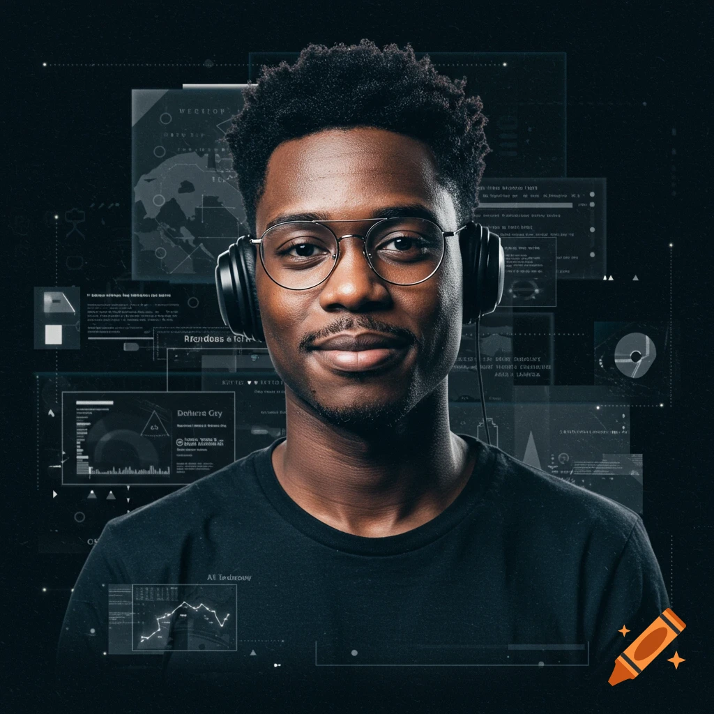 A smiling young Black man with an afro, glasses, and headphones against a dark background with futuristic digital interface elements.