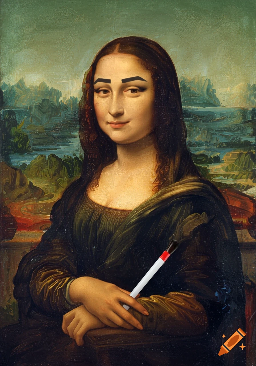 Mona Lisa with thick, drawn-on eyebrows and eyeliner holds a white and red glue stick in a classic painting style.