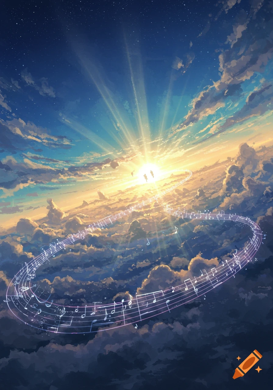 Anime art of a vibrant sky with sunrays, clouds, and a path of musical notes leading to silhouetted figures standing on the sun.