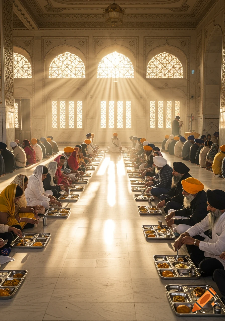 People in rows on the floor of a large, ornate hall eating from trays, bathed in golden sunlight. Photorealistic.