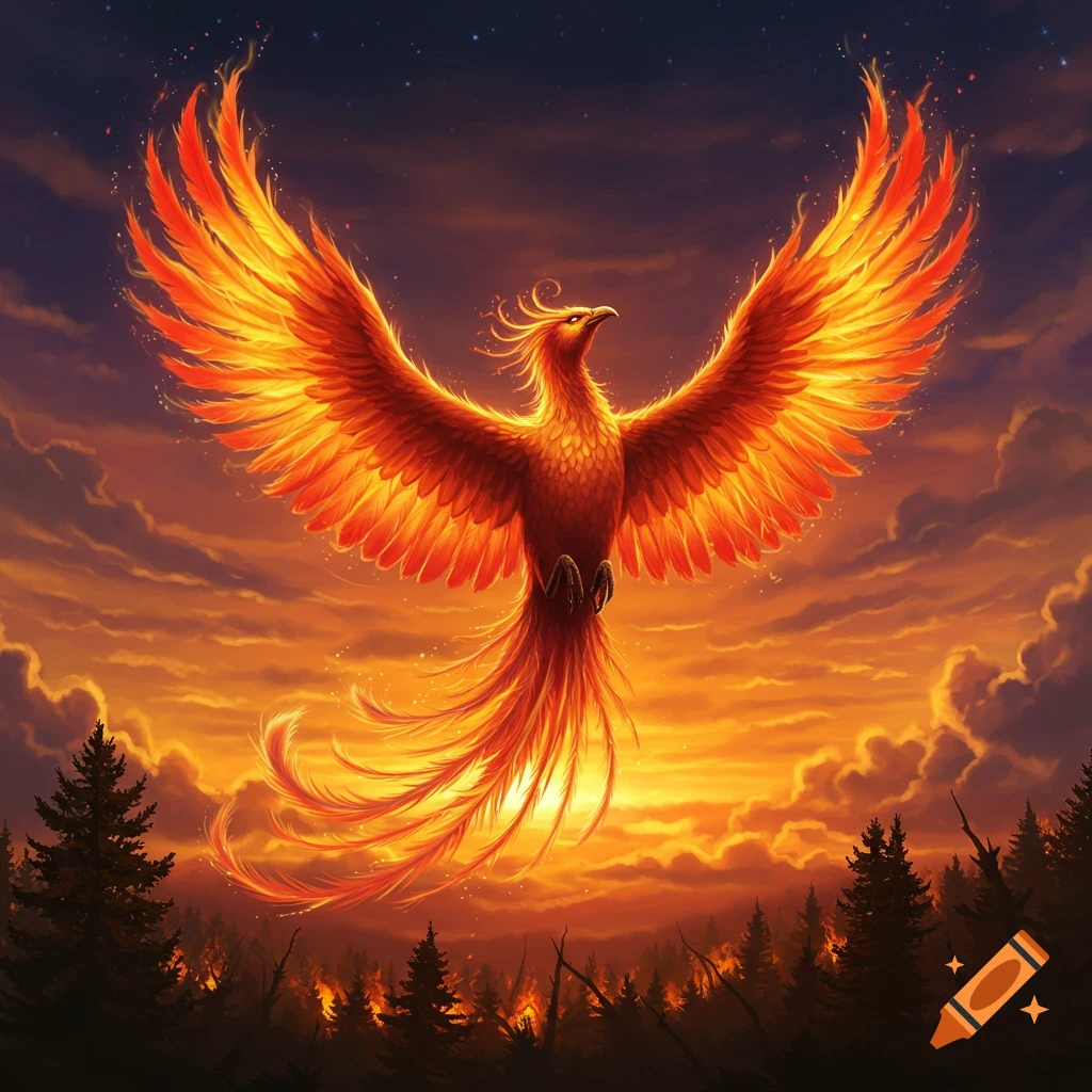 A majestic fiery phoenix with outstretched wings ascends over a burning forest against a dramatic sunset sky.