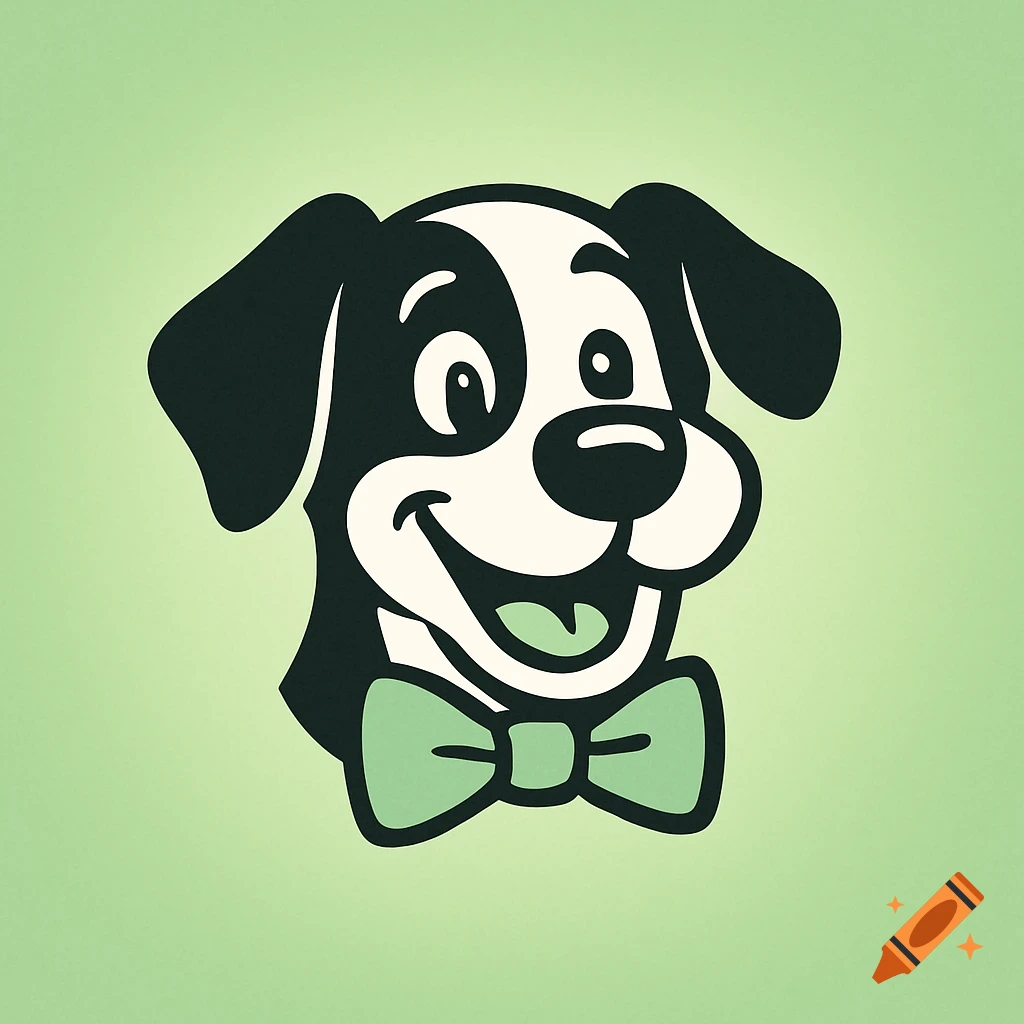 Cartoon logo of a happy black and white dog wearing a soft green bow tie on a soft green background.
