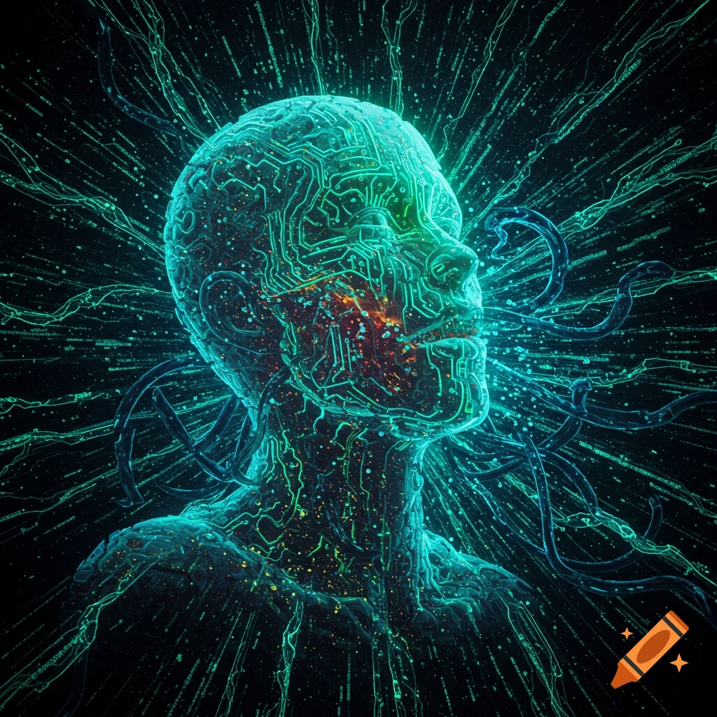 A glowing, circuit-board patterned human head and shoulders emerges from a dark background with radiating data streams.
