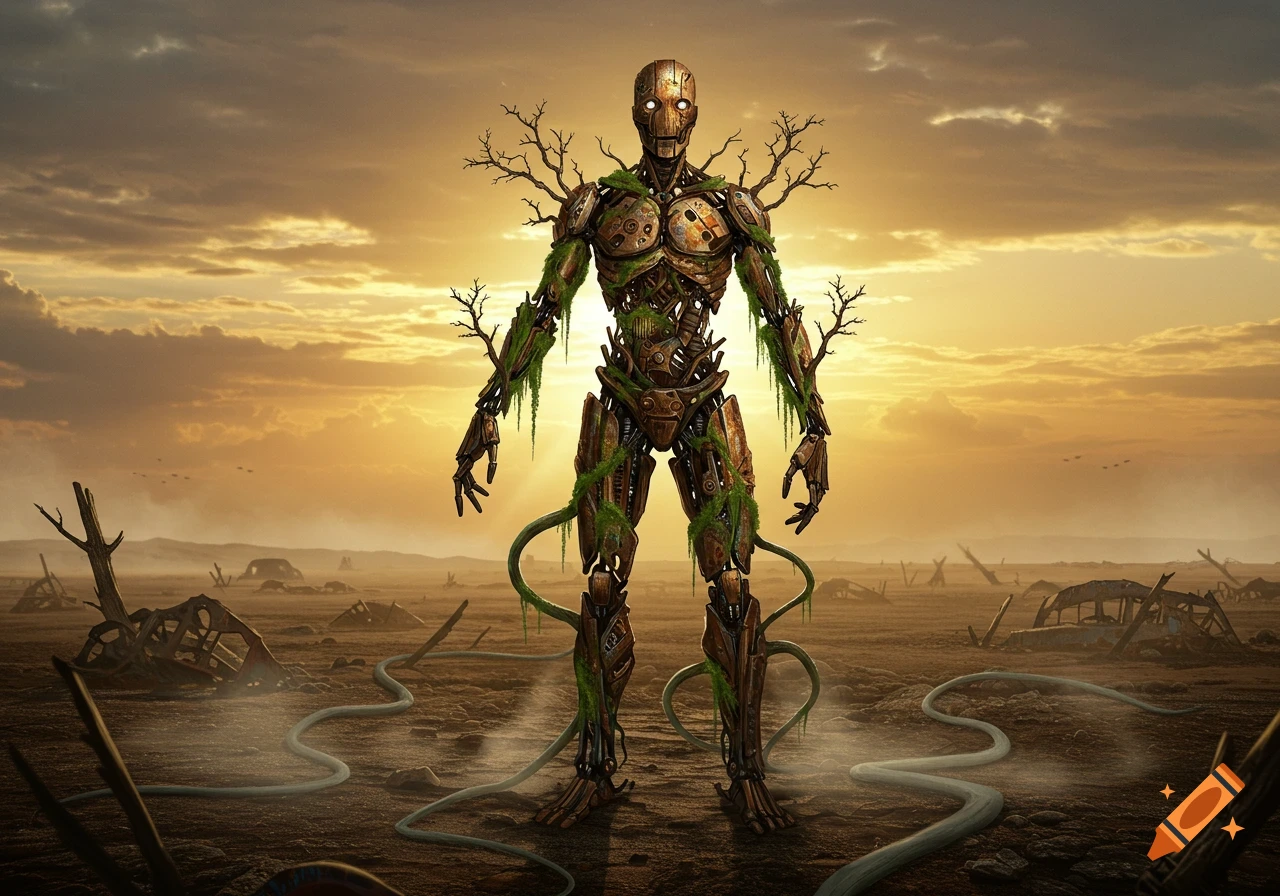 A rusty, moss-covered robot with tree branches stands in a desolate, post-apocalyptic landscape at sunset.
