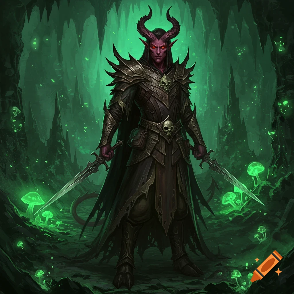 A purple-skinned Tiefling necromancer with horns and red eyes, clad in spiky dark armor and wielding two swords, stands in a glowing green cave with luminous mushrooms.