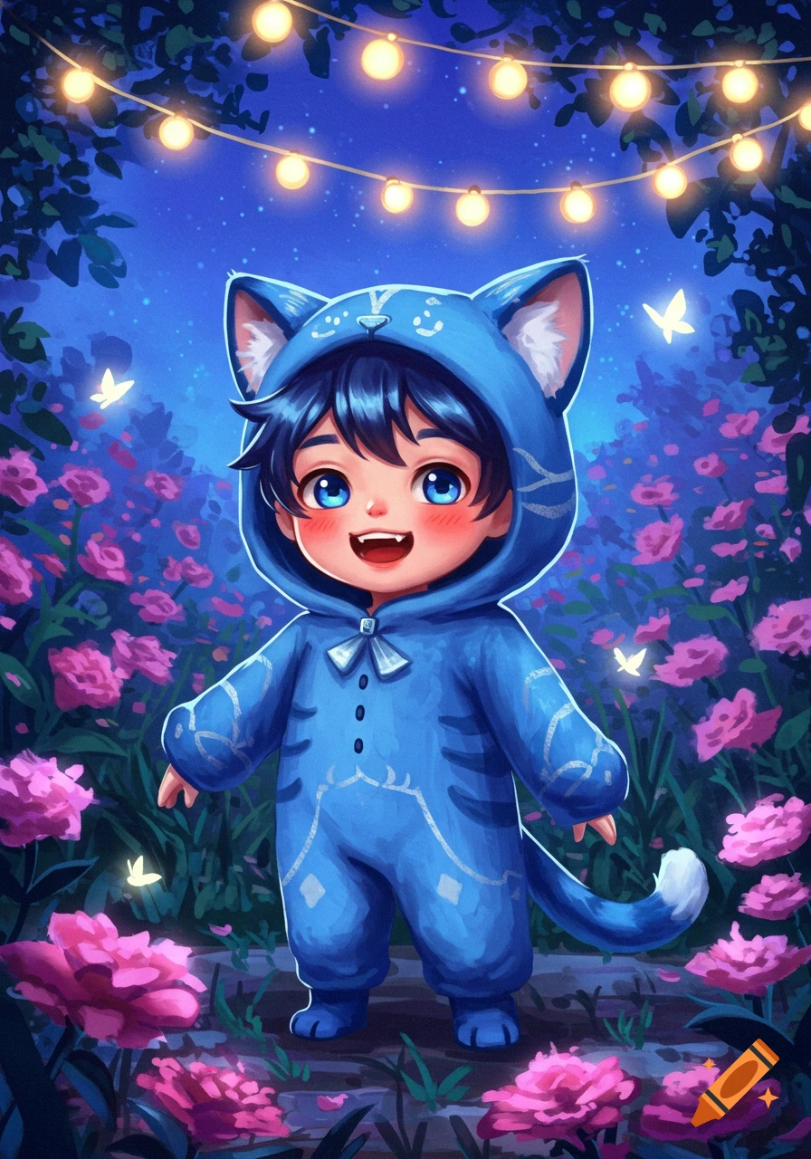 A cute boy in a blue cat costume stands in a magical garden at night, surrounded by pink flowers, string lights, and glowing butterflies.