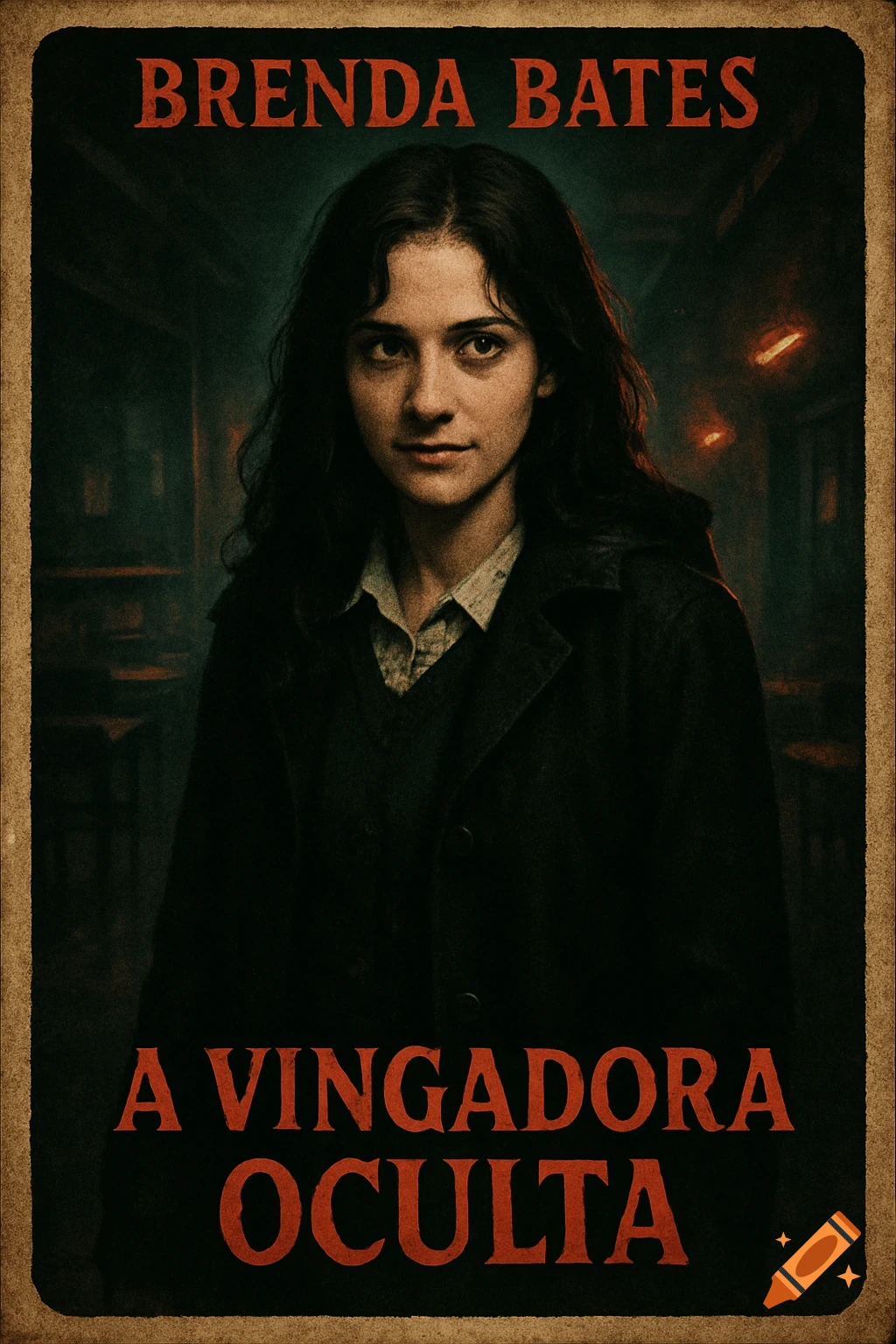 Dark character poster for Brenda Bates with a young woman, dark hair, ambiguous expression. Text reads 'Brenda Bates' and 'A Vingadora Oculta'.