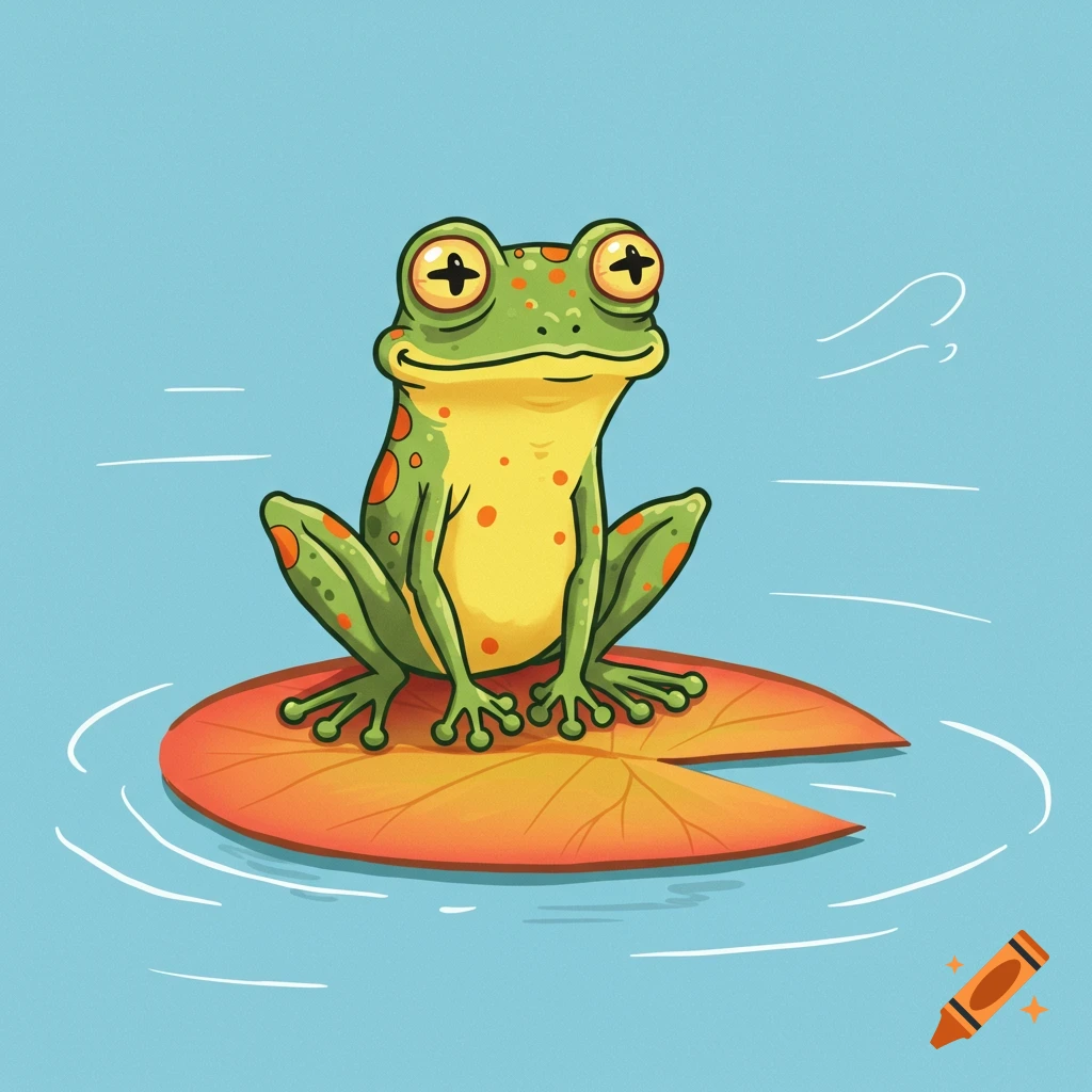 A vibrant 2D cartoon of a funny, cross-eyed green frog with orange spots, sitting on an orange lily pad in light blue water.