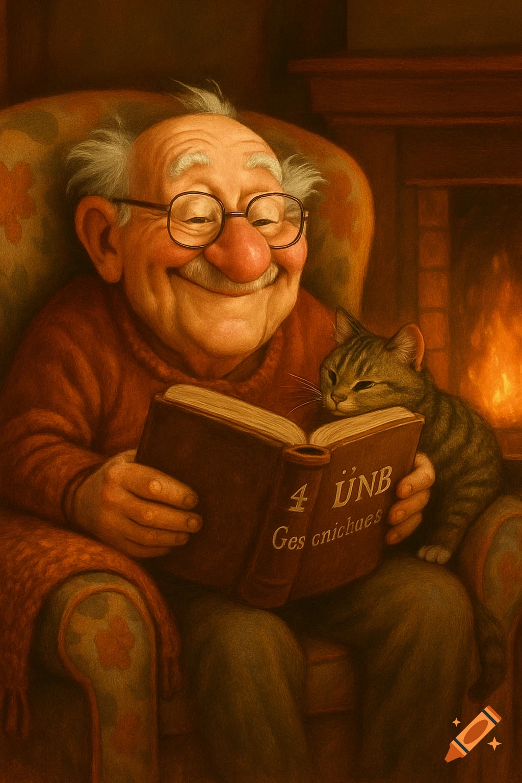 A cozy illustration of a smiling old man in an armchair, reading a book by a fireplace, with a tabby cat on his book.