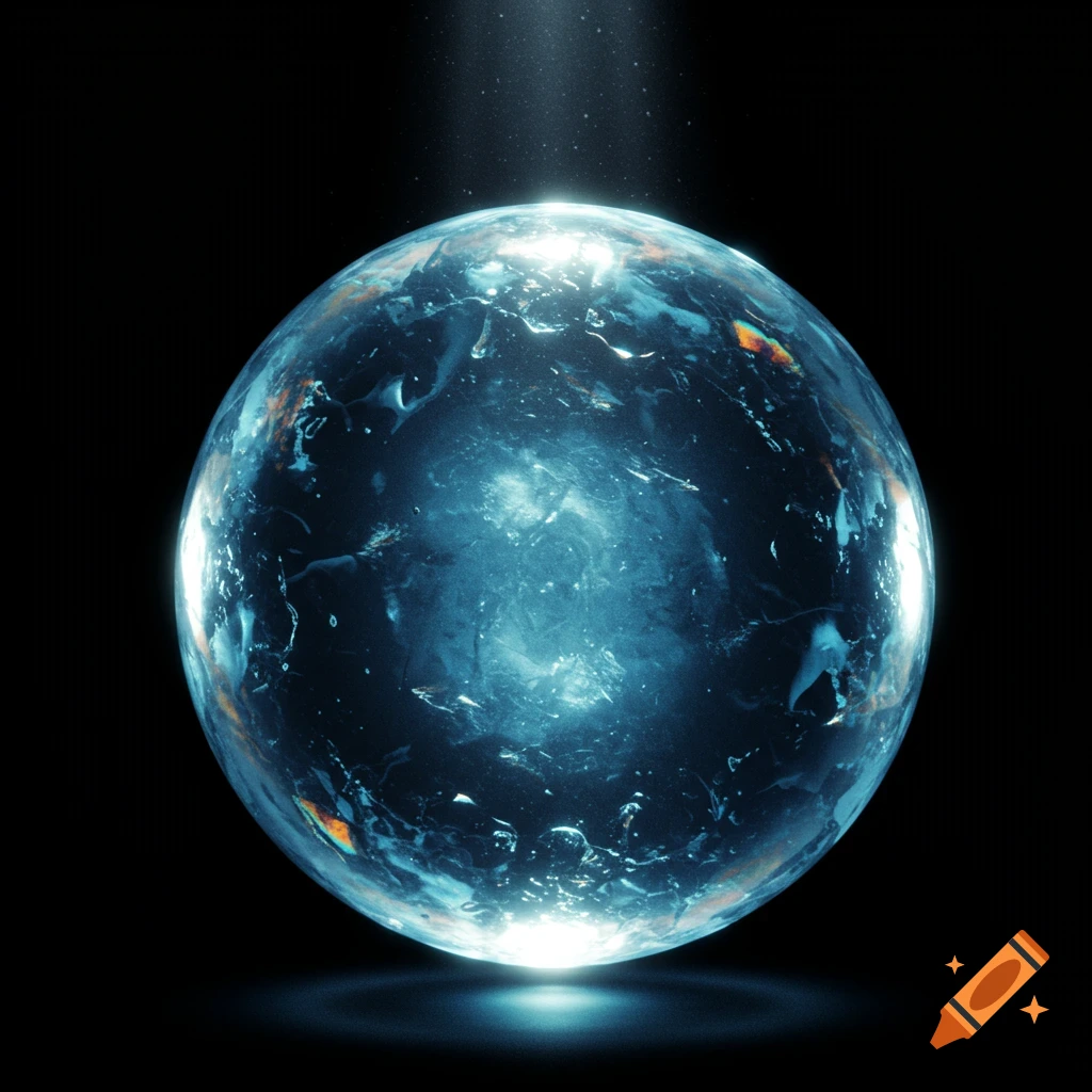 A hyperrealistic 3D render of an ice blue transparent orb with light shining from above and below, on a black background.