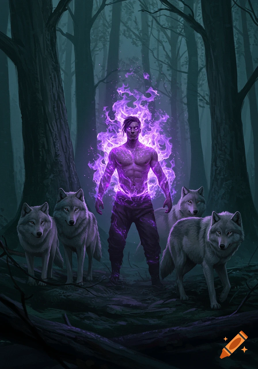 Muscular man glowing with purple flames stands in a dark forest, surrounded by four wolves in a fantasy art style.