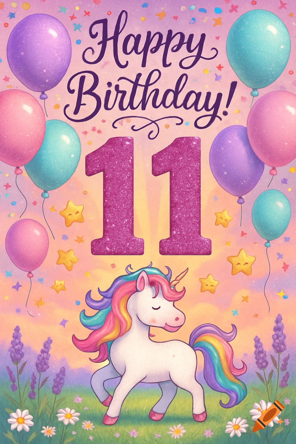 Colorful birthday illustration featuring a unicorn, balloons, flowers, and glittery 'Happy Birthday! 11' text.