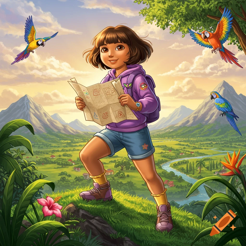 Cartoon Dora the Explorer hikes through a lush green valley with mountains, holding a map, with colorful parrots flying overhead.