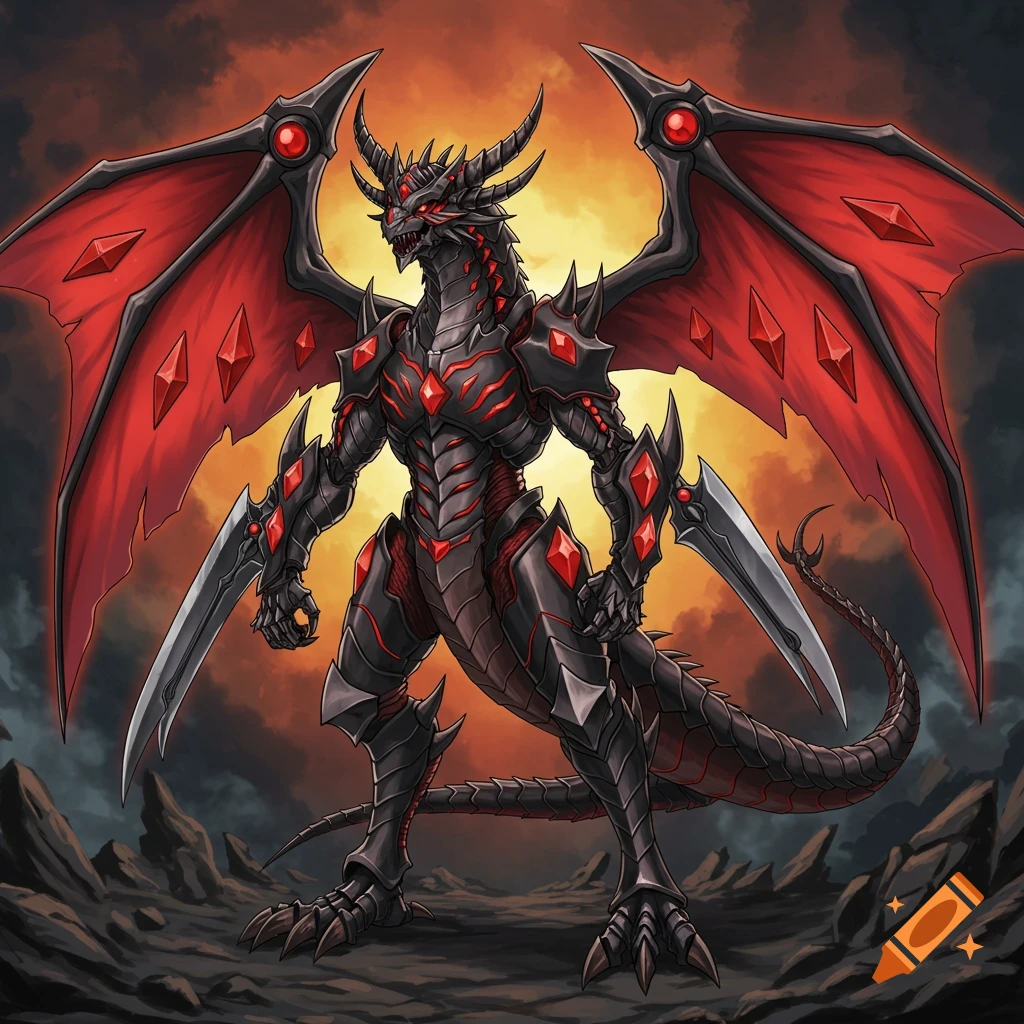 Armored red and black bipedal dragon with large red wings, holding two blades, in a Yu-Gi-Oh anime art style.