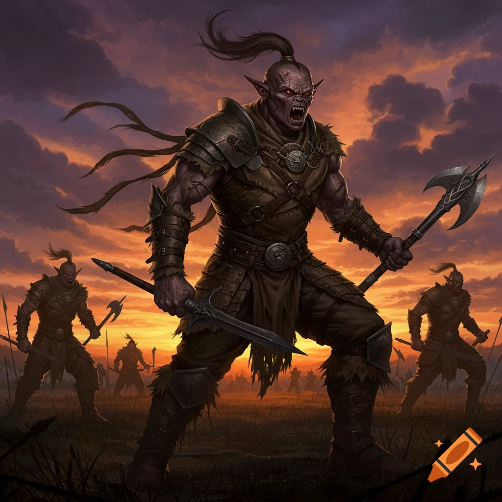A fierce, large fantasy warrior with pointed ears, fangs, and armor holds a sword and axe, roaring, with other warriors in a field at sunset.