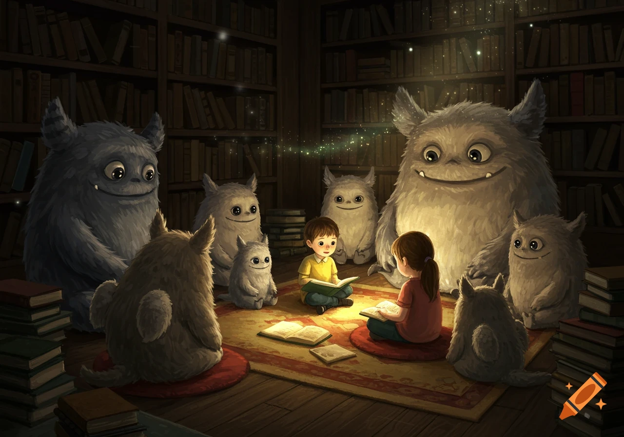Children read books to a group of fluffy, friendly monsters in a cozy, dimly lit library filled with books. The scene has a warm, magical glow in an illustrative style.