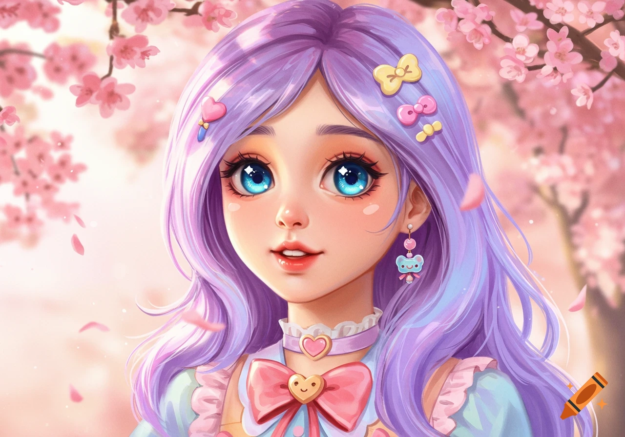 Close-up of a cute anime girl with long purple hair, blue eyes, and hair clips, against a pink cherry blossom background.