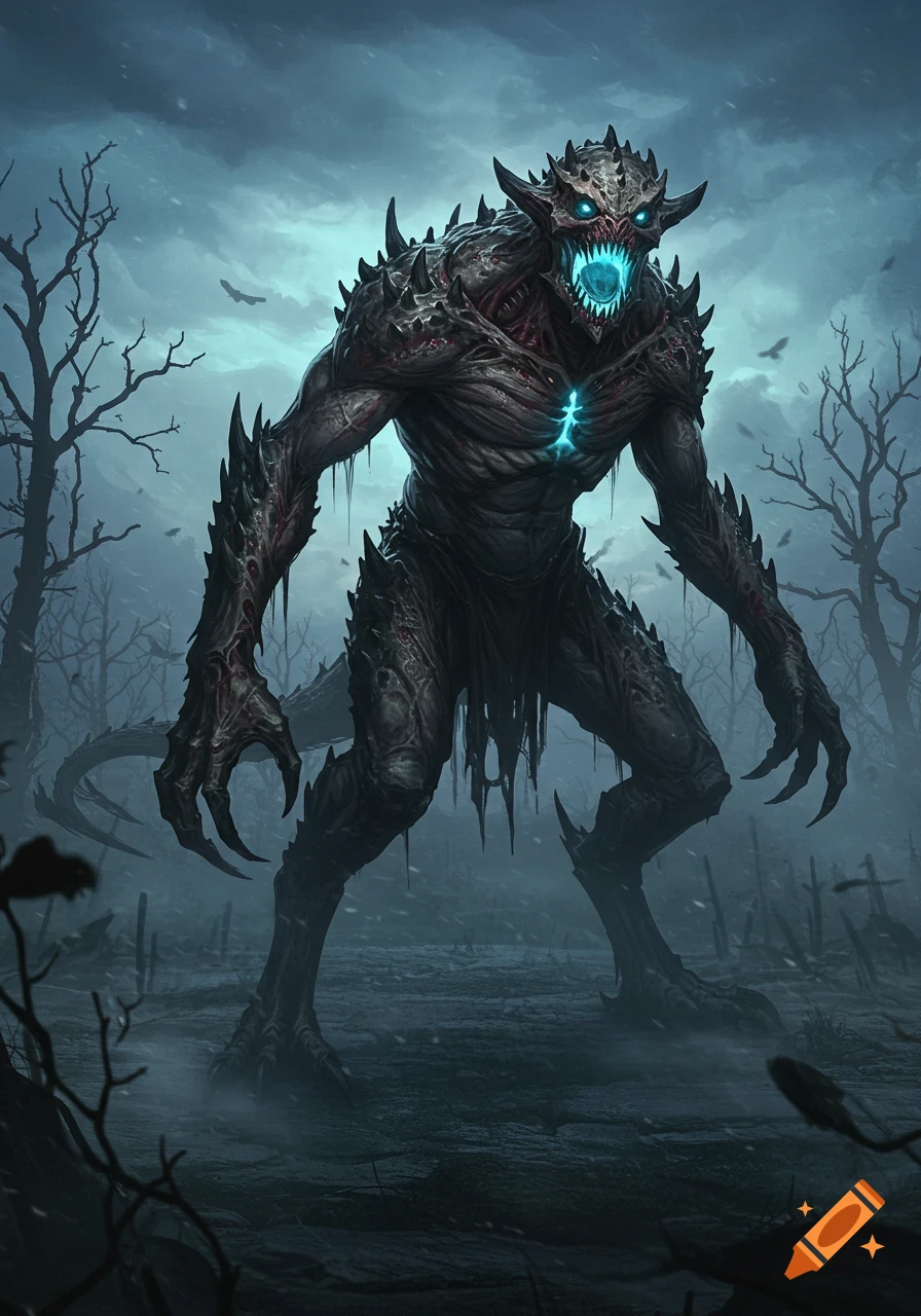 A fearsome, spiky, dark monster with glowing blue eyes, mouth, and chest symbol stands in a bleak, snowy, barren landscape.