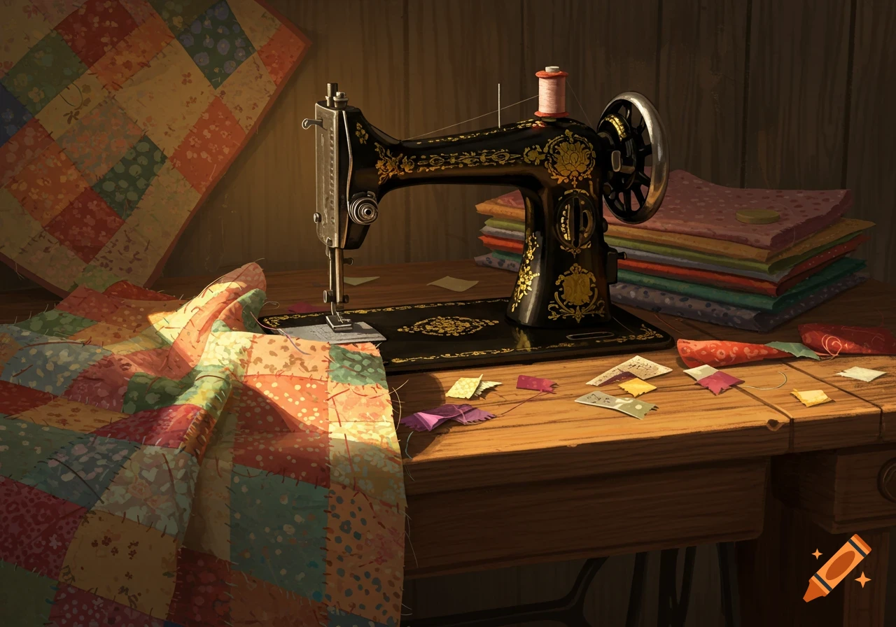A vintage black and gold sewing machine sits on a wooden table next to colorful fabric scraps and a half-finished quilt in warm light.