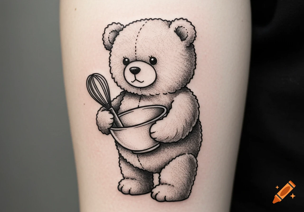 A black and white stippled tattoo of a teddy bear holding a whisk and a mixing bowl.