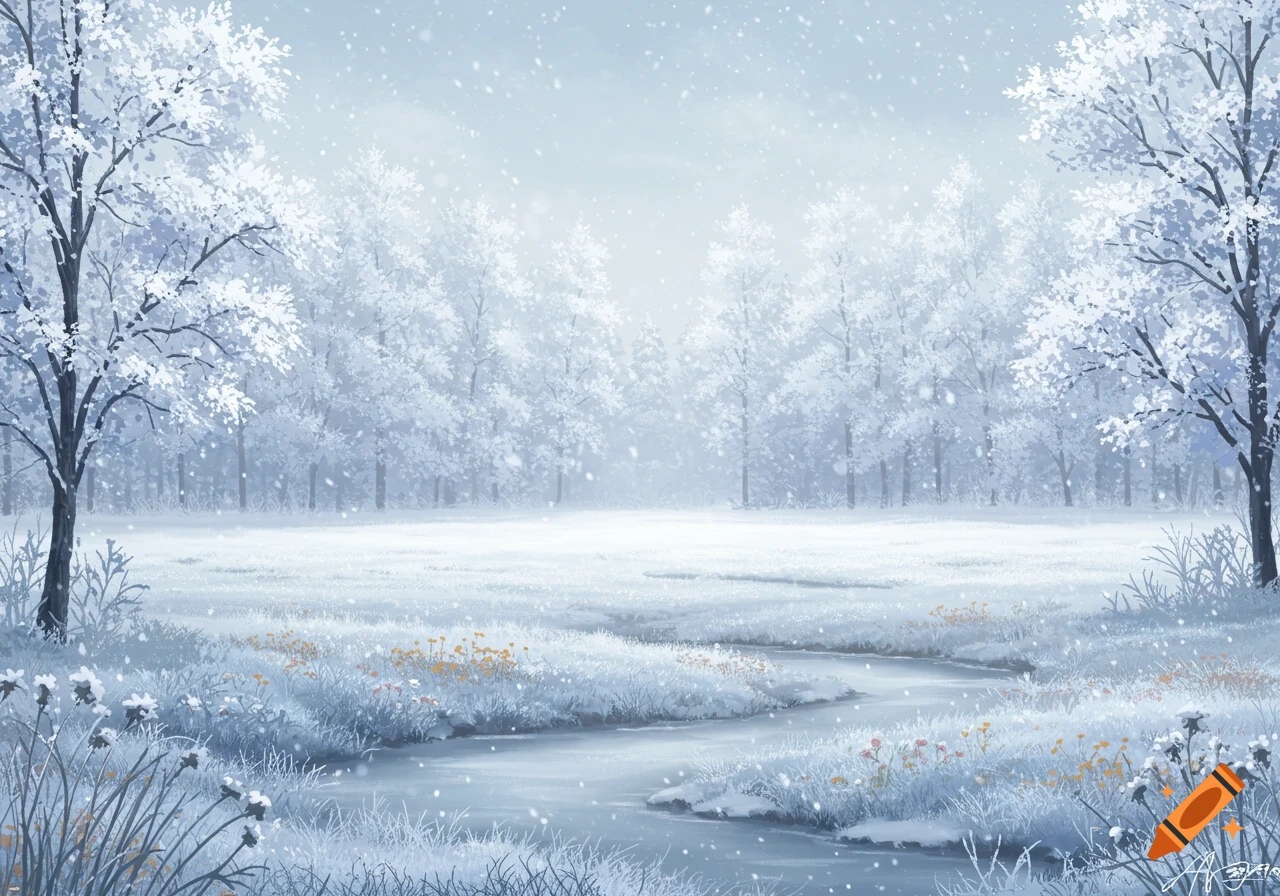 A serene winter landscape illustration with a snowy meadow, a winding stream, and frost-covered trees under falling snow.