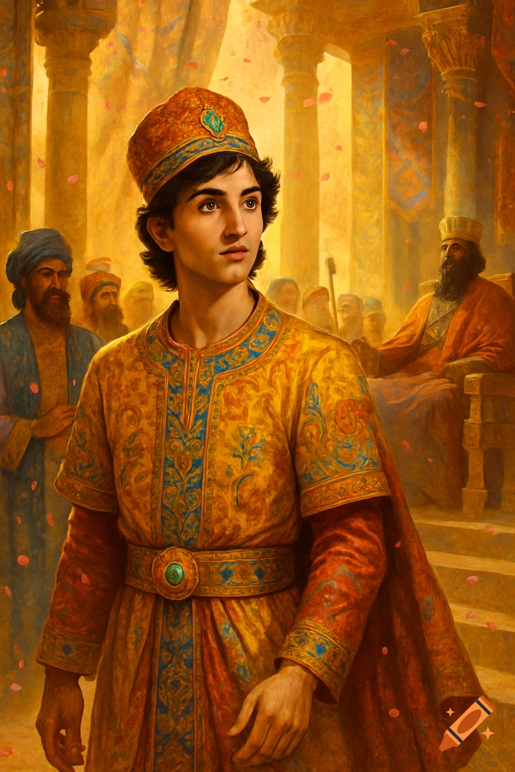 A young man in golden and blue robes and a matching hat stands in a grand, golden hall with falling pink petals, looking determined. A king sits on a throne in the background.