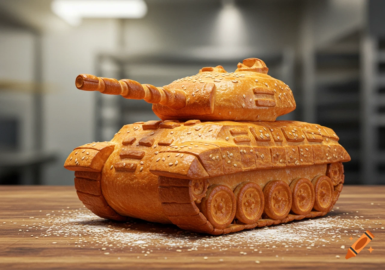A photorealistic tank made entirely of sesame seed bread, sitting on a wooden table with scattered white powder.
