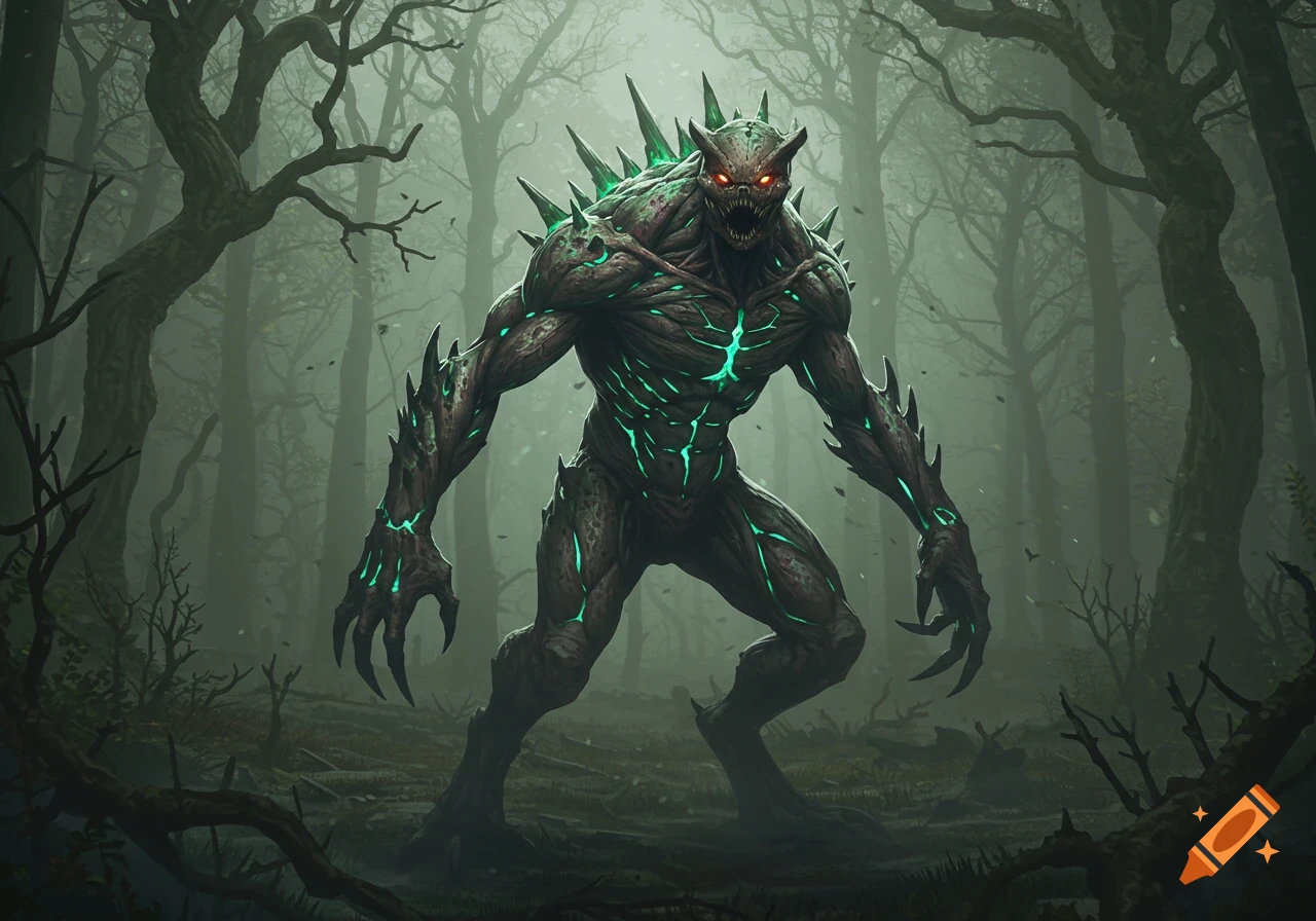 A dark, spiky monster with glowing green veins and red eyes stands in a misty forest, in a realistic fantasy style.