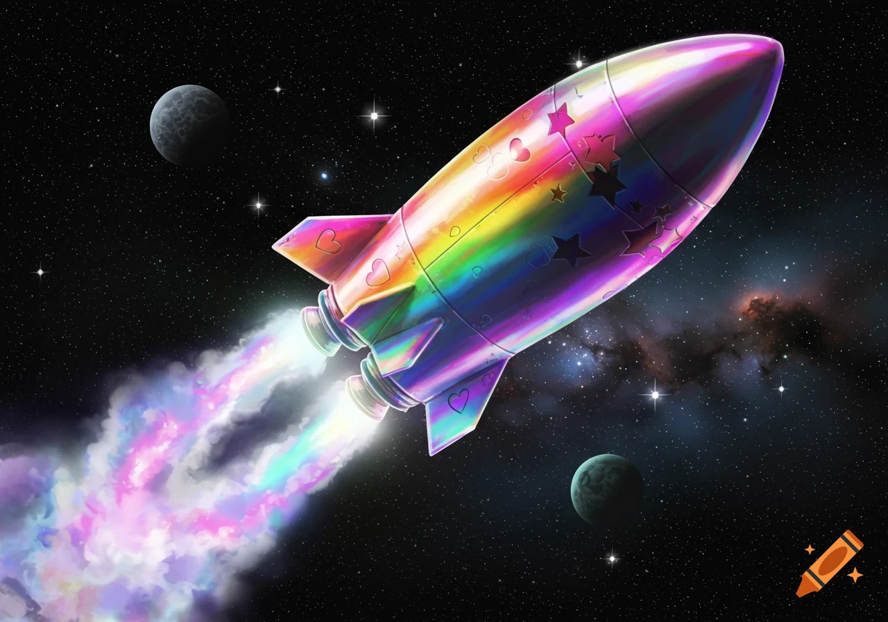 A vibrant rainbow-colored rocket with heart and star patterns flies through starry space, leaving a multicolored exhaust trail.
