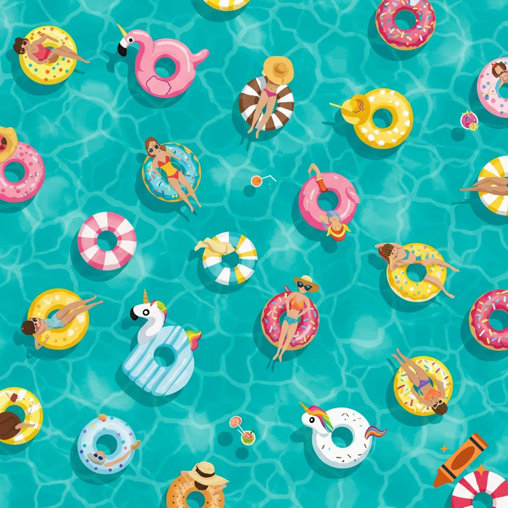 Top-down clip art illustration of people floating on various pool floats in clear blue water.