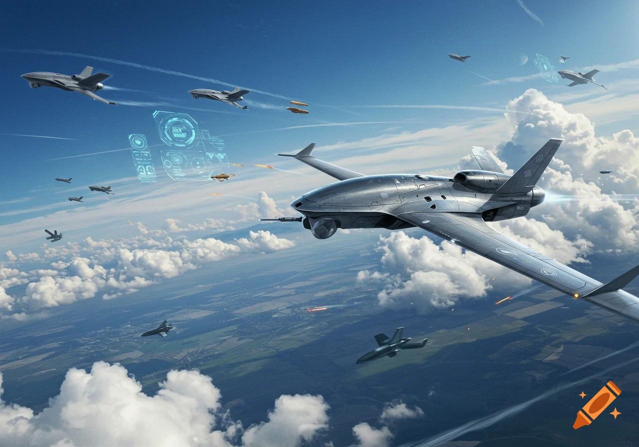 Photorealistic digital painting of many futuristic grey drones engaged in aerial combat high above a cloudy landscape.