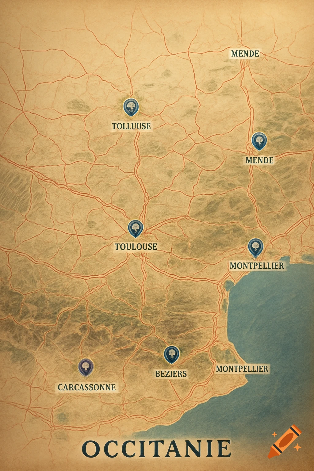 An antique-style map displaying the road network of the Occitanie region in France, featuring cities like Toulouse, Montpellier, and Carcassonne.