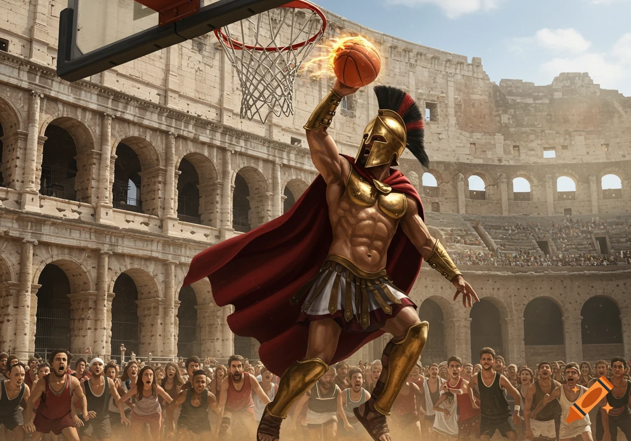 A muscular Spartan warrior dunks a flaming basketball in the Colosseum with a crowd of spectators.