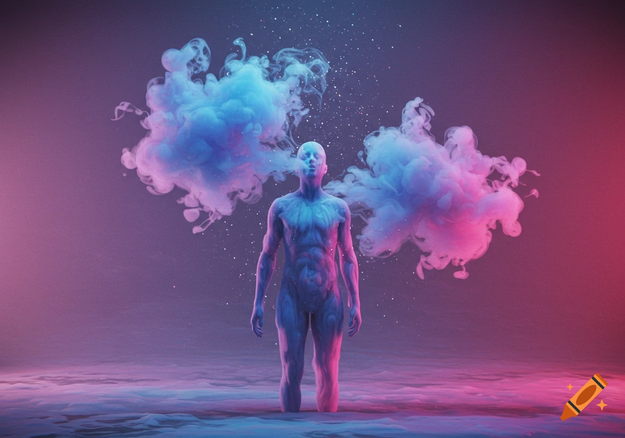 A surreal, stylized human figure made of blue and pink fluid stands in shallow water, surrounded by large, colorful smoke clouds.