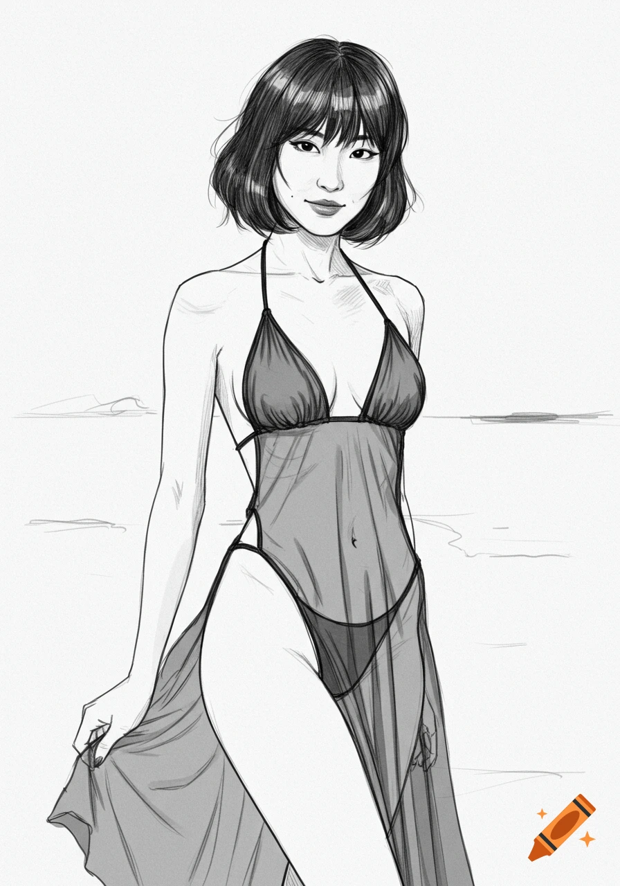 A black and white digital line pencil sketch of a smiling Asian woman with short hair wearing a sheer bikini and cover-up.