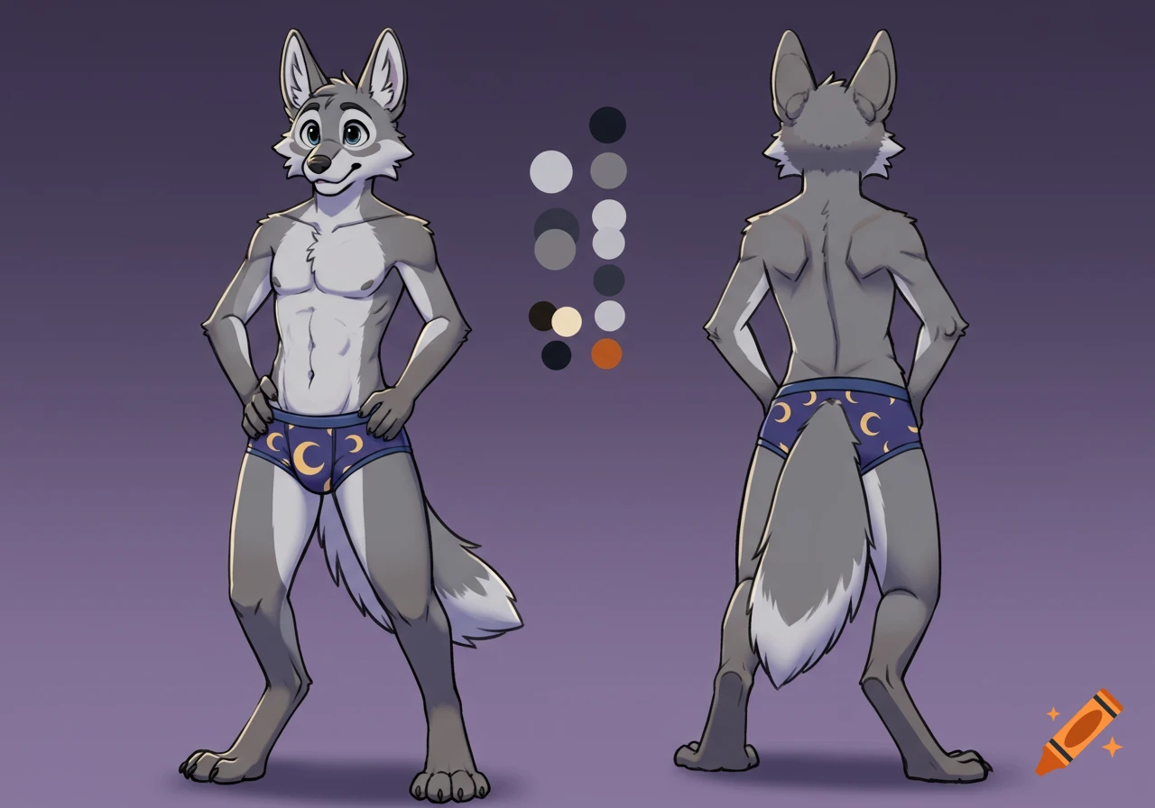 A grey anthropomorphic coyote in blue briefs with moon and star patterns, shown front and back as a character reference sheet with a color palette.