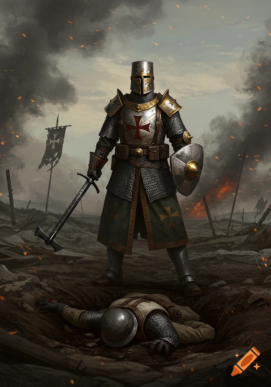 A knight in medieval and WWI inspired armor stands over a fallen opponent on a war-torn battlefield under a smoky sky.