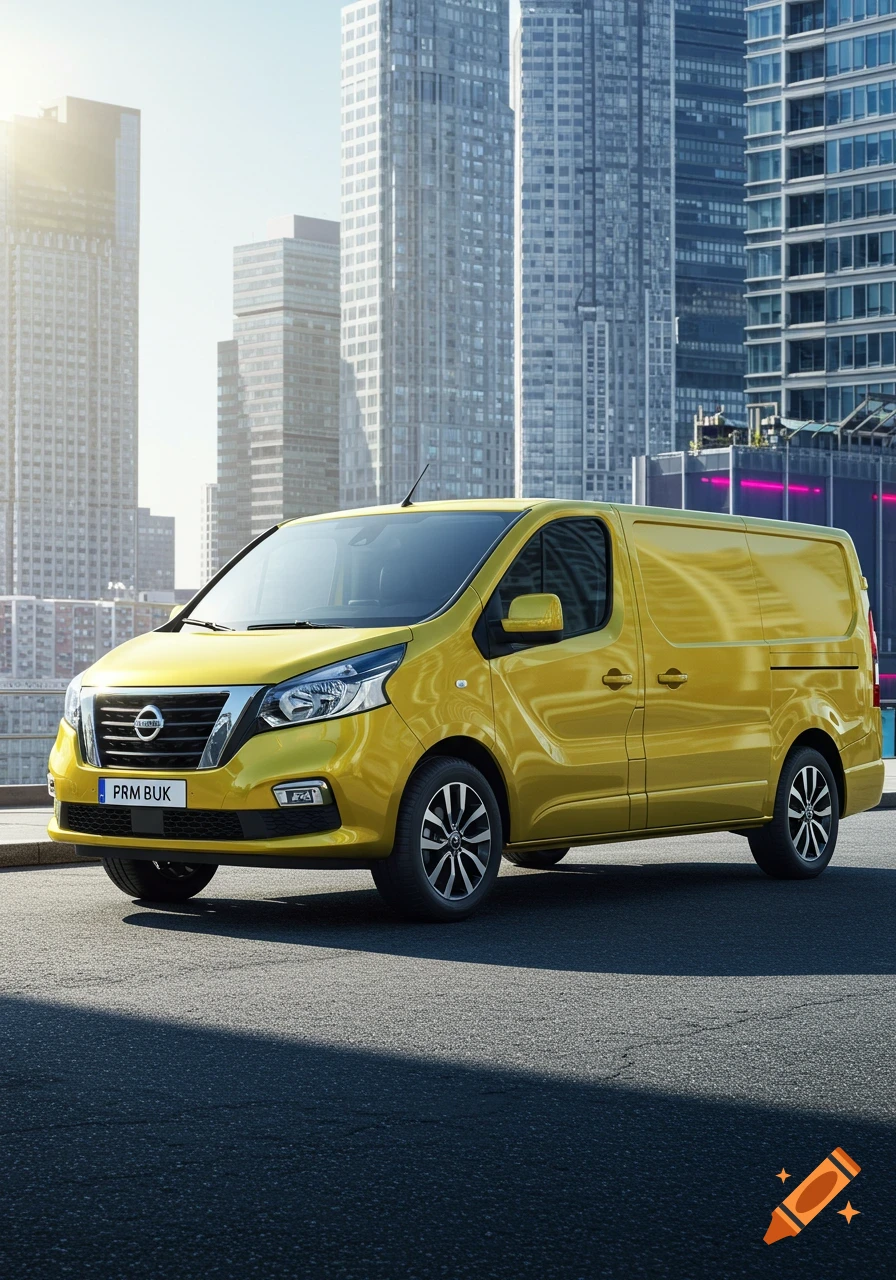 A vibrant yellow Nissan van is parked on a city street, with modern skyscrapers towering in the background under bright daylight.