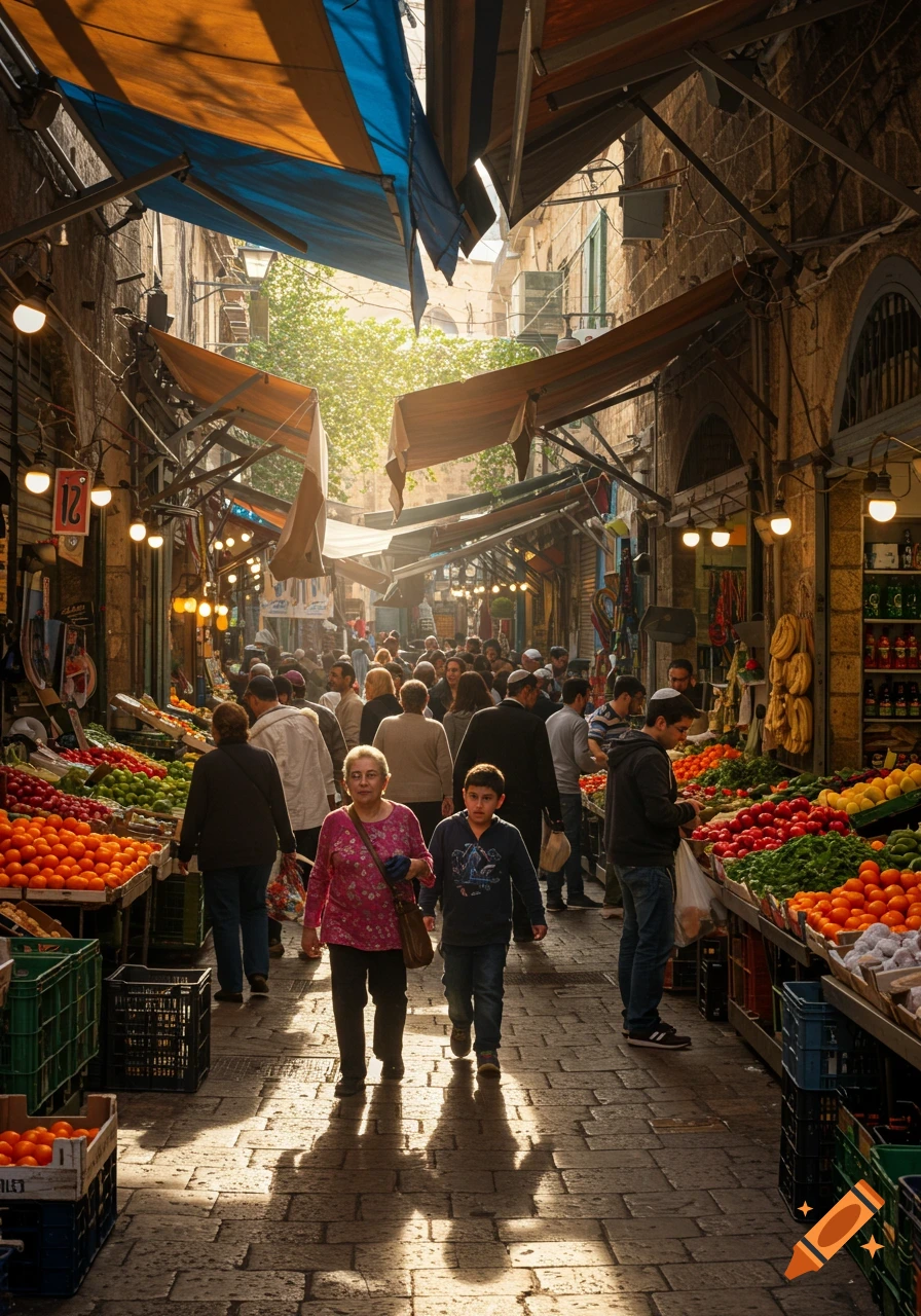 A bustling outdoor market street with numerous people, stalls overflowing with fresh fruits and vegetables, and awnings casting shadows under warm sunlight.