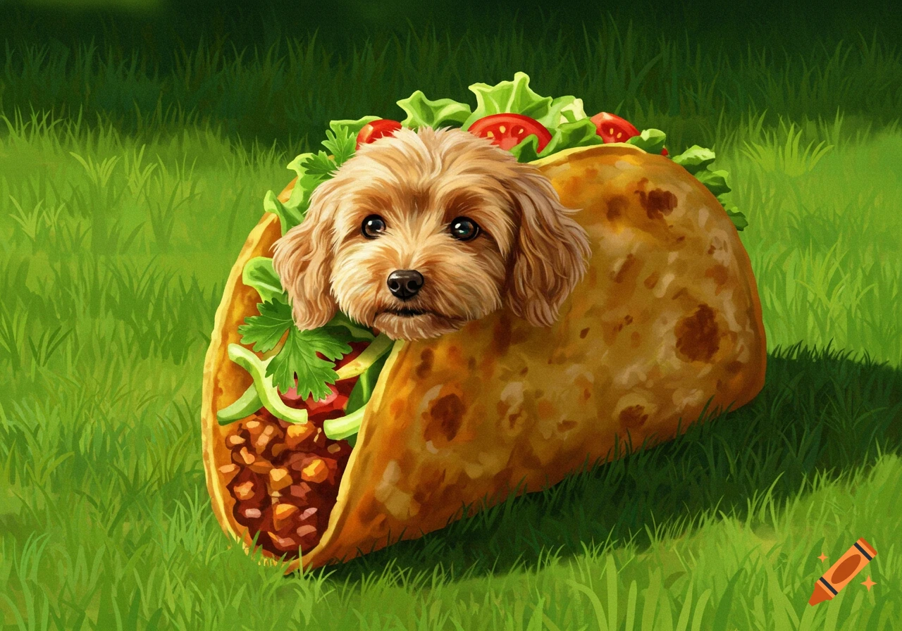 Illustrated image of a fluffy brown dog's head emerging from a taco filled with fresh ingredients, sitting on green grass.