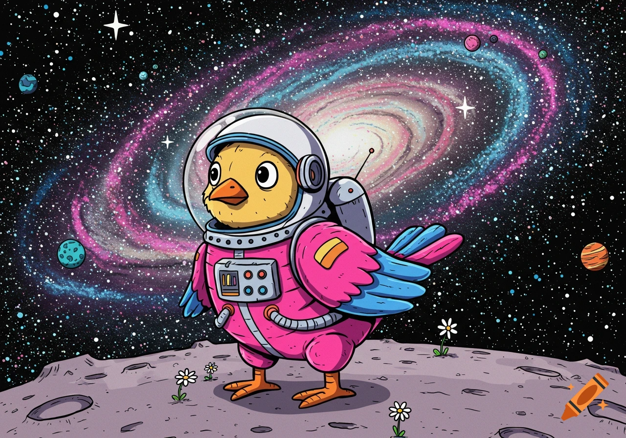 A cute cartoon bird astronaut in a pink suit stands on the moon, with a vibrant pink and blue spiral galaxy in the background.