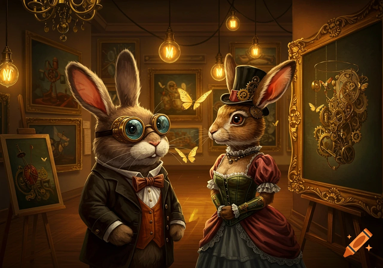 A dapper steampunk bunny with goggles and a female steampunk bunny with a top hat stand in a dimly lit art gallery.