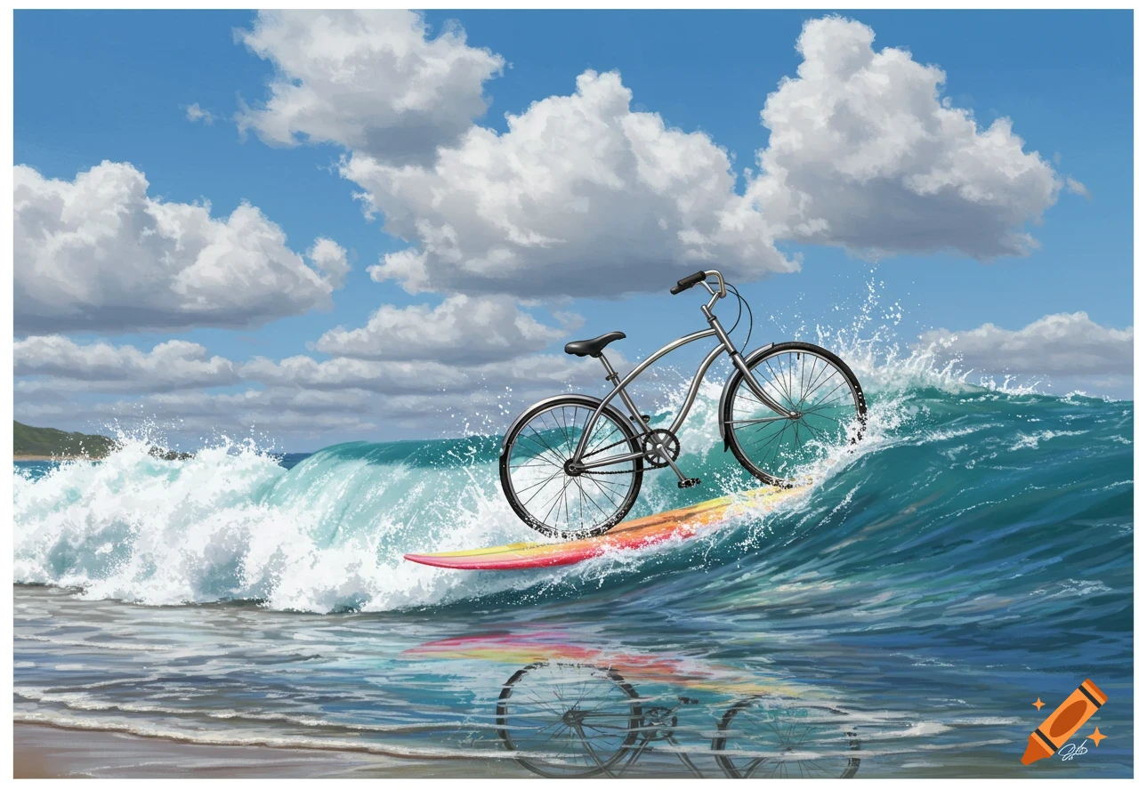 A bicycle surfs a large blue wave on a colorful surfboard, under a cloudy sky. Digital painting.