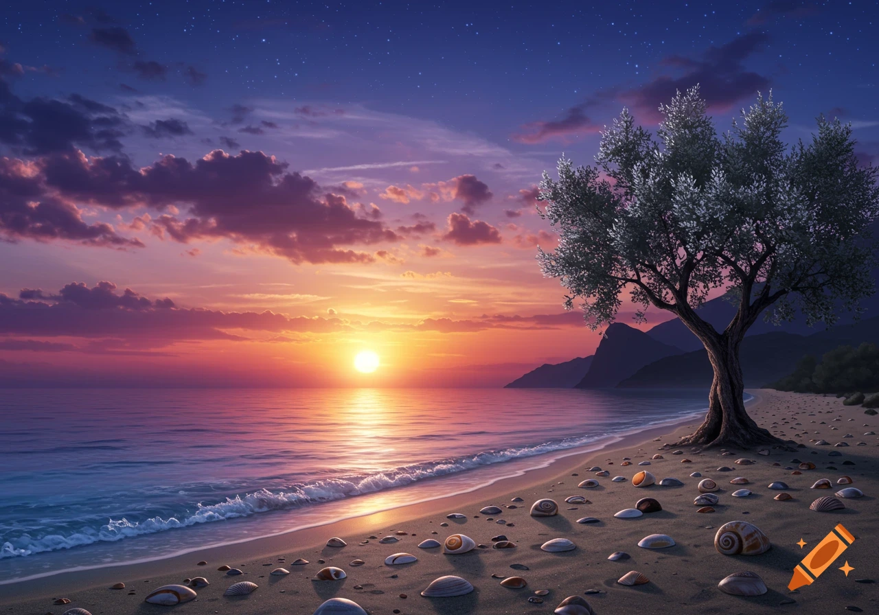 Vibrant sunset over a tranquil beach with an olive tree, calm ocean, and seashells under a starry night sky.