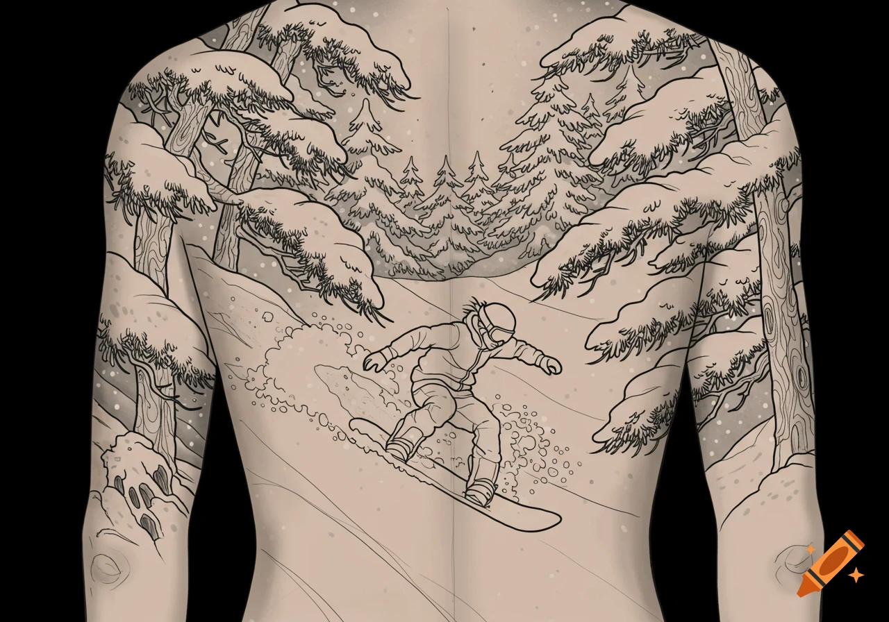 Line art tattoo sketch on a back, depicting a snowboarder in a snowy forest with trees covered in snow.